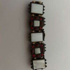 Vintage Mother of Pearl and Red Rhinestone Elastic Bracelet